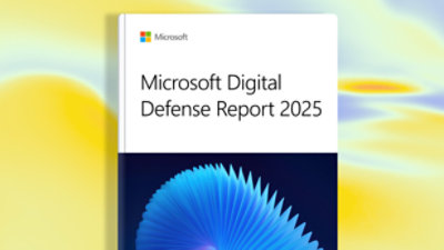 Cover of the Microsoft Digital Defense Report 2025 with abstract blue and yellow graphic design.