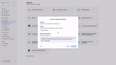 A screenshot of a computer screen displaying connect to microsoft onelake