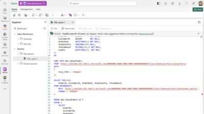 Microsoft Fabric SQL editor showing a query that loads parquet data from OneLake and selects sales order fields.