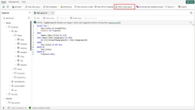 Microsoft Fabric SQL workspace with a query editor and toolbar highlighting the Add to data agent action.