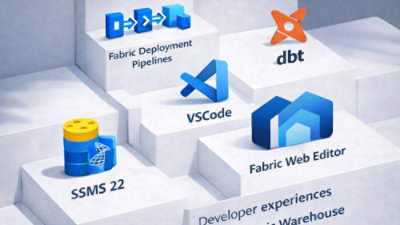 Developer tools for Fabric including deployment pipelines, VS Code, dbt, SSMS 22, and Fabric Web Editor.