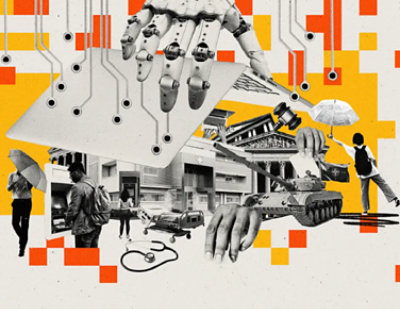 Collage van objecten, personen en machines met een klein vliegtuig op de achtergrond.