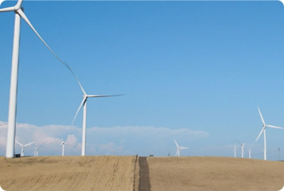 Wind turbines in a field beneath a blue sky with clouds.