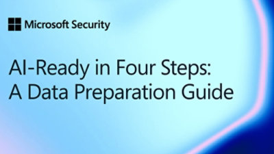 A blue and pink gradient background with black text displaying Microsoft Security AI-Ready in Four Steps: A Data Preparation Guide.