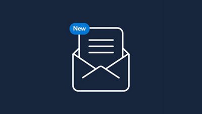 A white line drawing of a paper in an envelope with the word New on a blue background.