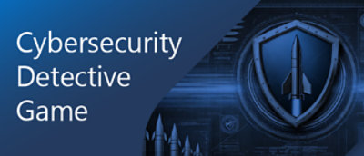 Et blått og hvitt banner med et skjold, raketter og teksten Detektivspill om cybersikkerhet.