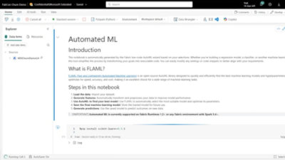 Screenshot of a code notebook interface titled 'Automated ML' with an introduction to using a low-code AutoML wizard.
