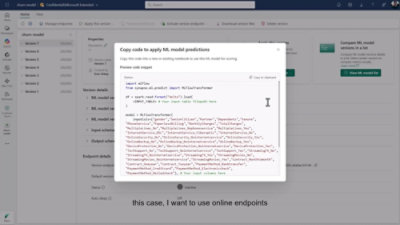 App screen for ML model management; popup shows Python for predictions, with model versions listed behind.