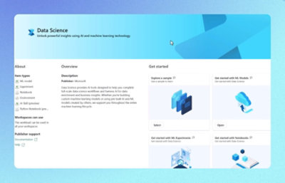 Data science UI with blue header, overview, and options for ML models, experiments, and notebooks.