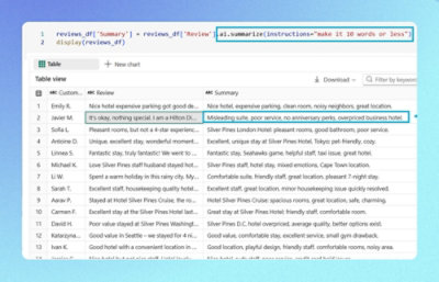 Table of customer reviews with AI-generated summaries; highlighted entry cites poor service and an overpriced business hotel.
