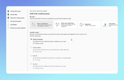 ML model setup interface with classification, regression, and forecasting tasks, plus AutoML modes like Quick, Interpretable, Best Fit, and Custom.