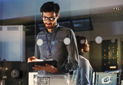 A man wearing glasses looking at a tablet.