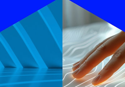 Abstract split image showing blue geometric architecture and a hand interacting with flowing white lines.