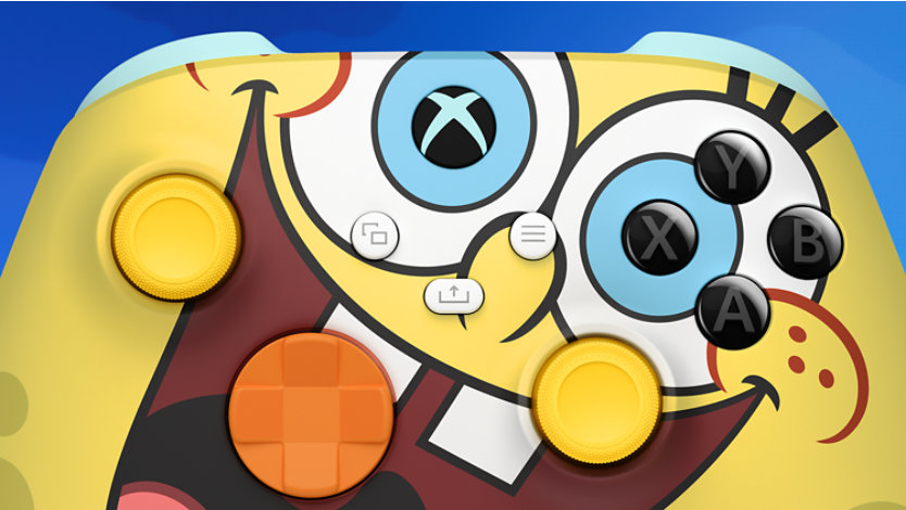 Primer plano de los agarres del Mando inalámbrico Xbox – La película de SpongeBob de edición limitada