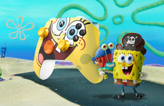 Front left angle view of the Xbox Wireless Controller – The SpongeBob Movie Limited Edition alongside SpongeBob Square Pants and Gary the snail dressed as pirates.