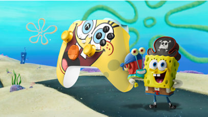 Front left angle view of the Xbox Wireless Controller – The SpongeBob Movie Limited Edition alongside SpongeBob Square Pants and Gary the snail dressed as pirates.