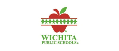 Logo of Wichita Public Schools featuring a red apple with a green leaf and a ruler across it above the text.