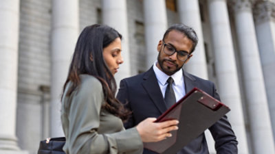 A Man and women looking at notepad and discussing