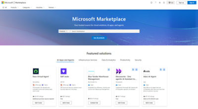 Microsoft Marketplace homepage displaying a search bar and featured solutions, including AI apps and agents. Modern, professional design.
