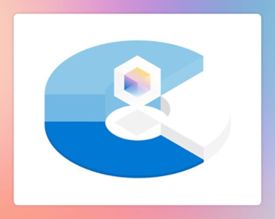 A blue and white logo with a hexagon shape.