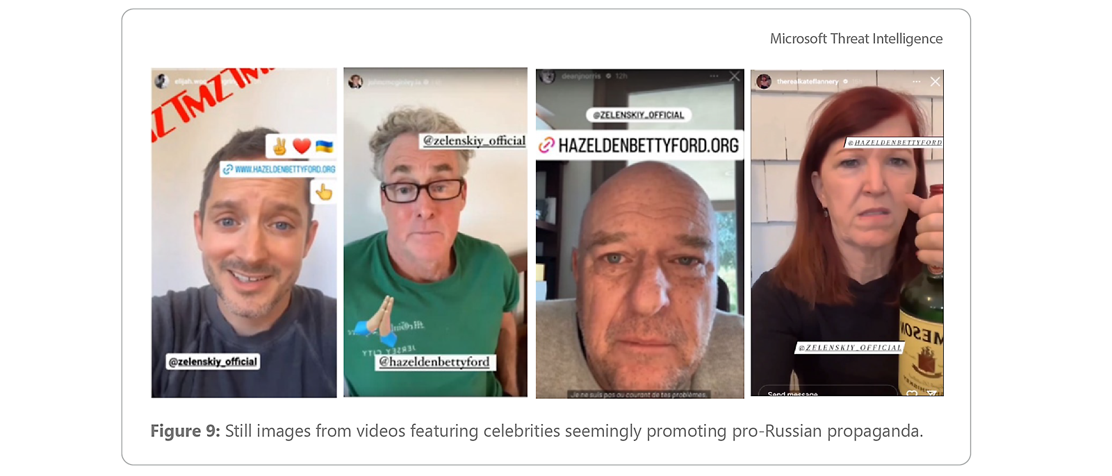 still images from videos featuring celebrities seemingly promoting pro-Russia propaganda