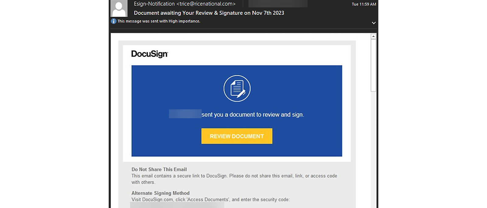 Esign-Notification: Document for review and signature from DocuSign. Important message.