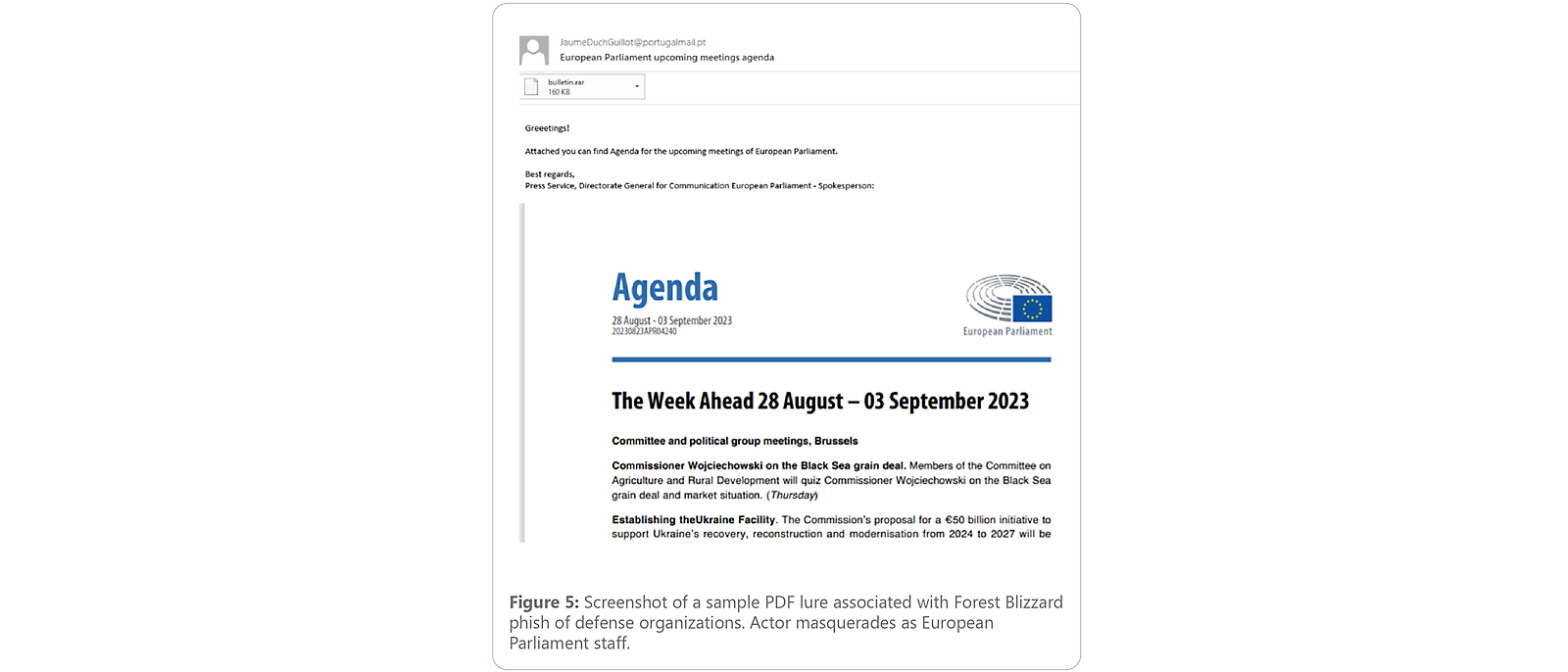 Email attachment: 'Agenda 28 Aug - 03 Sep 2023' for European Parliament meetings. Press Service communication. 160 KB bulletin.rar
