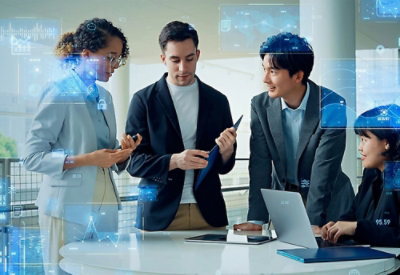 A group of people gathered around a laptop, with one person holding a roll of paper.