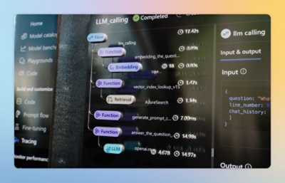 Close-up of a computer screen showing a visual workflow for LLM calling with nodes labeled Flow, Function, Embedding, Retrieval, and output details.