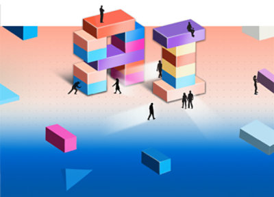 Een groep mensen op kleurrijke blokken