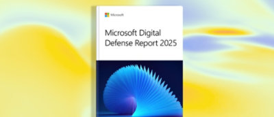 A book with a blue spiral design on the cover and the text Microsoft Digital Defense Report 2025.