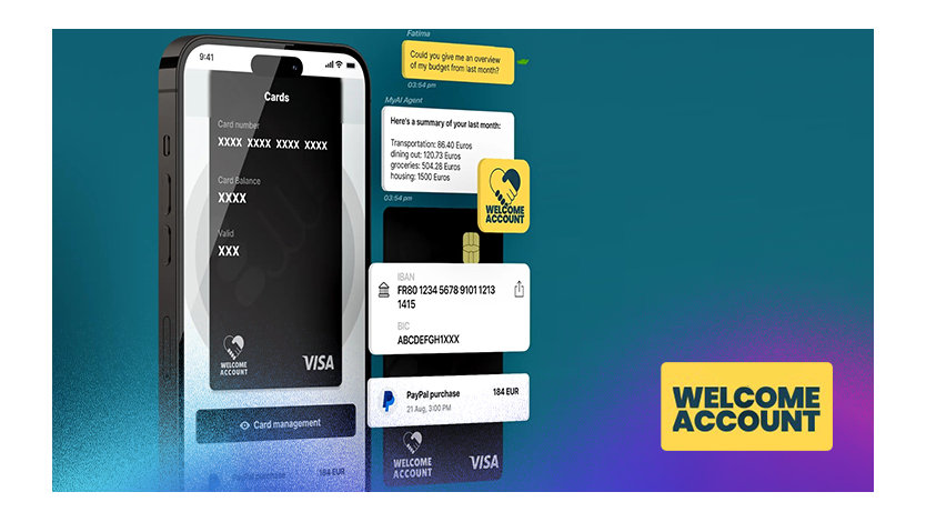 Un smartphone montre l'application Welcome Account, mettant en avant son design et ses options d'accueil pour les utilisateurs.