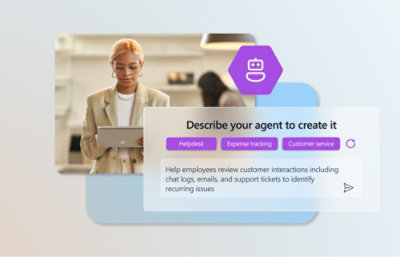 A woman in a suit looking at a laptop with text on screen describing customer service.