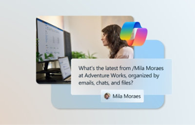 A screenshot of a chat conversation on a phone, asking for updates from Mila Moraes at Adventure Works.
