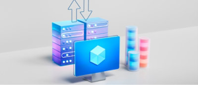 A computer server setup with a blue square sign featuring a cube design.