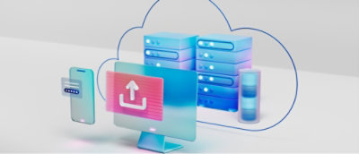 A computer and server with a white sign in a cloud.