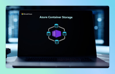 A laptop screen displaying a purple cube with blue circles and lines, and text reading Azure Container Storage.