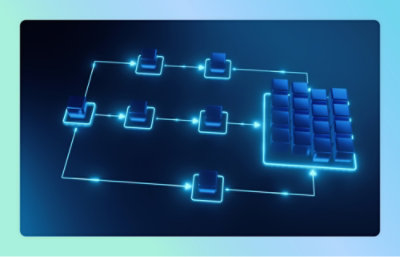 A computer screen displaying a network with blue glowing lights and lines.