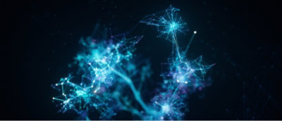 A blue and purple glowing light with lines and dots in the dark.