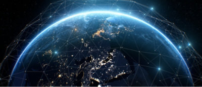 A planet Earth with lights and curved lines surrounding it.