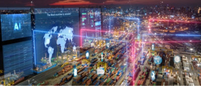 A city street with cars, lights, and a large screen displaying the text AI.