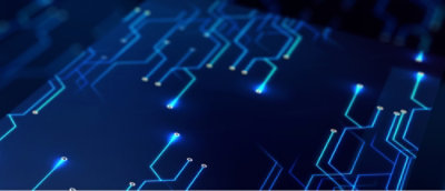A close-up of a blue circuit board with white dots and lights.