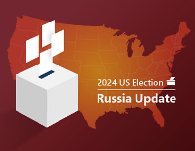 A white ballot box with the 2024 US Election and Russia Update text and a map of the United States.