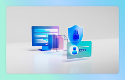 Computer icons and a blue lock on a blurred screen.