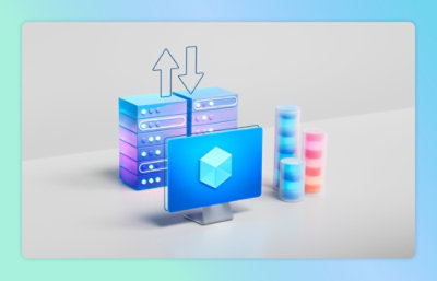 A computer server with various components and shapes including arrows and cubes.