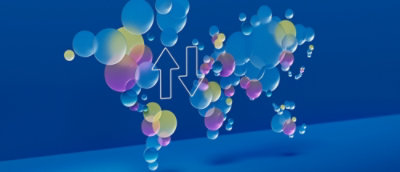 A blue background with bubbles and arrows.