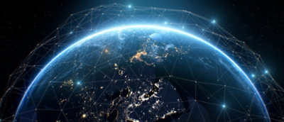 A view of the planet Earth with illuminated lights and connected lines.