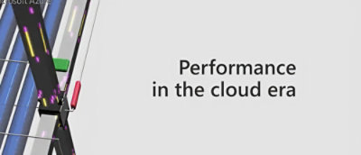 displaying colorful structures and text that reads performance in the cloud era