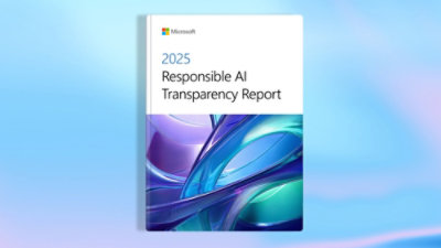 A book cover featuring the text Responsible AI Transparency Report with a design including a blue and purple design and a blue and purple gradient background.