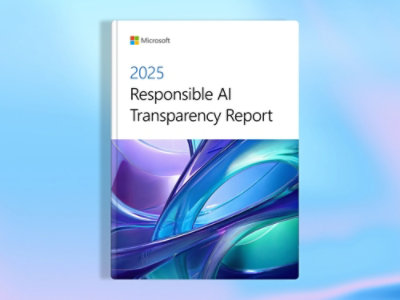 A close-up of a book with a blue and purple cover featuring the text 2025 Responsible AI Transparency Report.
